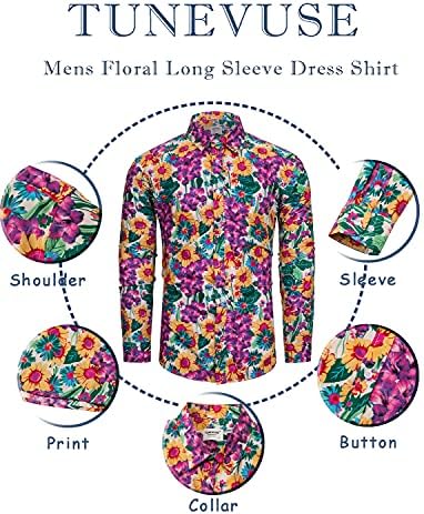 Tunevuse mens со долг ракав, цветен фустан, цветен образец копче за печатење надолу кошули памук