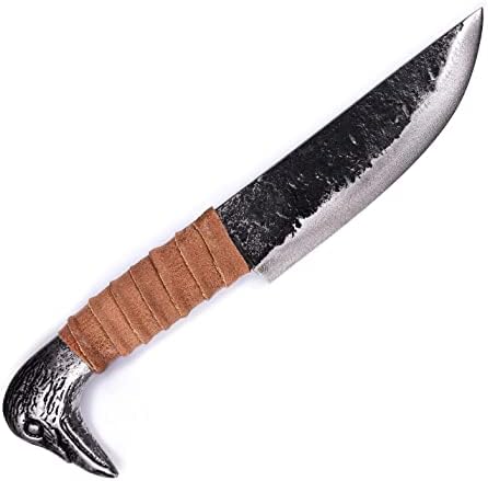 Норвешкиот трговец Викиншки нож со главата на Равен и кожна обвивка - 5,5 сечило на јаглероден челик