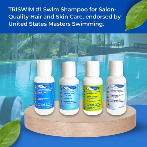 Triswim Shot Set Travel Set во козметичка кеса со шампон, миење на телото, лосион и балсам за хидрирана кожа и здрава коса