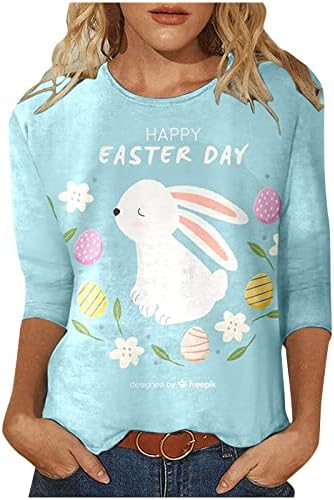 Велигденски кошули за жени зајаци графички маица симпатична зајаче печатени кошули Обични 3/4 врвови на ракави