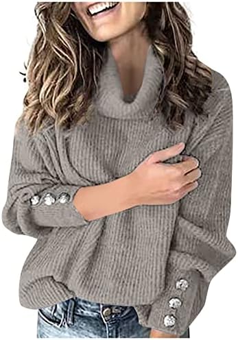 Женски слатки џемпери џемпер лабаво копче за пулвер до долга ракав цврста боја плетена дното на кошулата пад