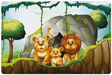 Лунарна Шумска Подлога За Миленичиња За Храна И Вода, Семејство Лавови Во Илустрацијата На Зоолошката Градина Во Џунглата Вудс, Гумена