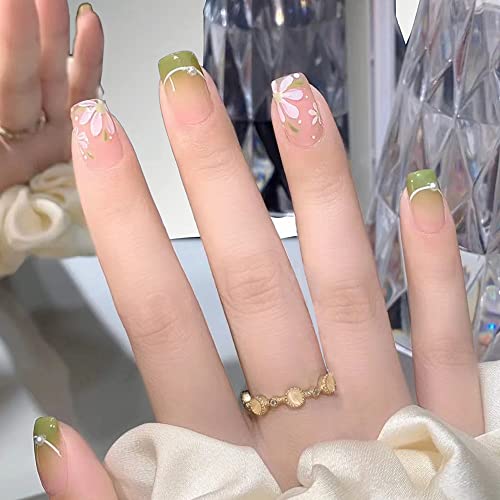 24 парчиња француски цветен печат на ноктите кратки зелени пролетни лажни нокти квадратни стап на ноктите акрилни лажни нокти со вештачки