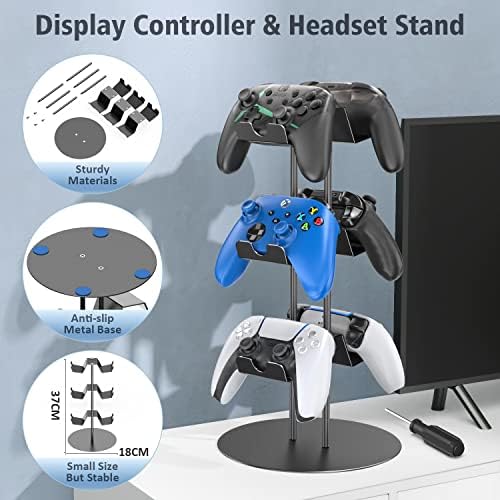 Контролер на KyTok Stand 3 нивоа со држач за слушалки за биро, Универзален контролер приказ Стенд компатибилен со Xbox PS5 PS4 Nintendo Switch, Hanger Hanger & Mounds Mounts за 6 пакувања контролер