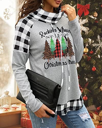 Christmasуликло женски Божиќни празници кошули Божиќни карирани разделени врвови со долги ракави, обични гноми, печатени блузи за џемпери за џемпери