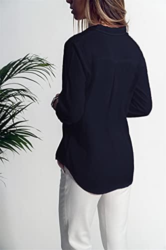 Angенска женска обична кошула со лапчиња V врат со долг ракав лабава лежерна со џебови предно копче блуза
