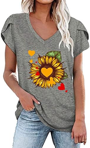 Womenените сончоглед врвови женски v врат маица ливче за ракав Туника на врвови, лесни лабави графички маички летни блузи