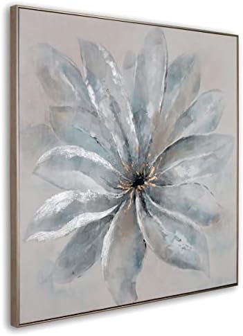 Зрачен цвет, рачно насликано сребро врамени платно 60 x 40 сини, сребрени и бели цвеќиња апстрактни уметнички дела за дневна соба, спална