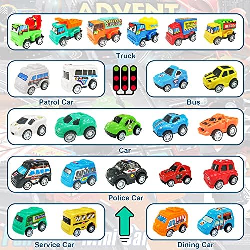 Календар за Доаѓање на манарор 2022 Детски Автомобил Назад Божиќ, 24 Возила За Повлекување Противпожарни Камиони Градежни Возила Тркачки Автомобили Одбројување Дено