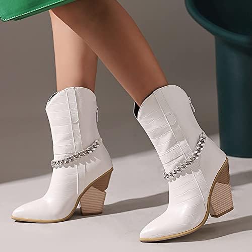 HCJKDU Women'sенски средно глужд чизми мода патент кожни чизми бујни високи потпетици зашилени со широки чевли за теле