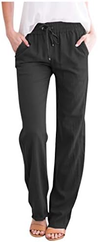 Обични панталони за жени памучни постелнини високи беа комфорни панталони со џебови со џебови со џемпери јога долги пантолони