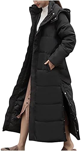 Женски долго ватирано палто максимално зимско зимско задебелена качулка со качулка, странични јакна за странични снопови, цврсто