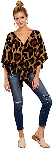 Womenените V-Neck Print Knotted Front Top 3/4 Chiffon Batwing Sneave Birty Casual Bluze Bluse Tshirt Tshirt
