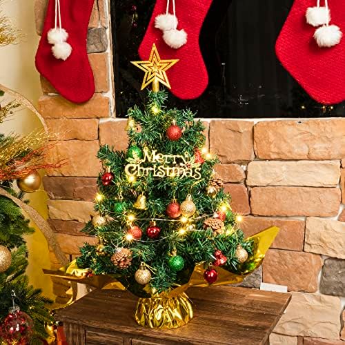 XMASEXP 20 таблета мини новогодишна елка сет со LED светло, Star Treetop, топки за украси, bellвона и бор конуси, најдобри DIY Божиќни украси