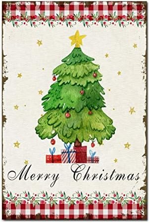 Божиќно дрво знак Pine Treeвезда знак Гроздобер Бафало кариран дрвен знак Антички Божиќ празник од влезната врата за фарма