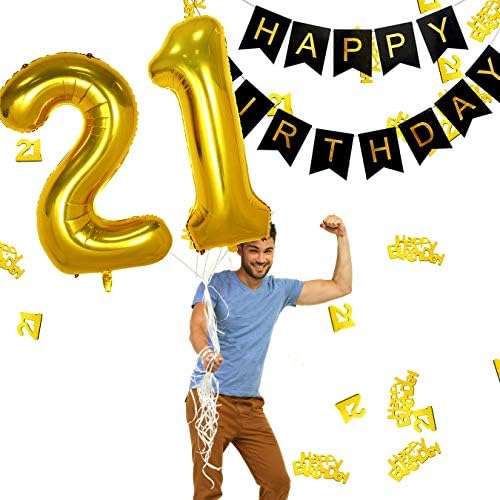 Movinpe 21 -та црна златна роденденска забава за роденден, среќен роденден банер, џамбо број 21 балон со фолија, 2 раб завеса, балон на