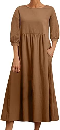 Фустан за жени 2023 Обичен цврст памук и постелнина со долг ракав со џеб лабава фустан макси фуксија фустан