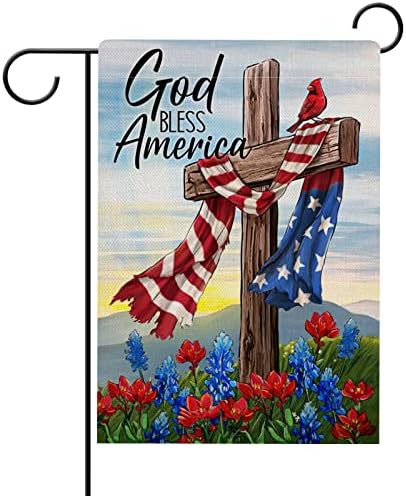 Hzppyz Бог да ја благослови Америка 4 -ти јули Крст патриотски градинарско знаме двострано, верски американски американски ден за меморијал кардинал