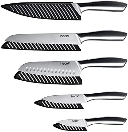 хеф Сребрен кујнски нож комплет од 5, Сатенско Завршно Сечило Со Шуплива Рачка, вклучува 8 Готвач, 8 Леб, 8 Сантоку, 5 Алатка И
