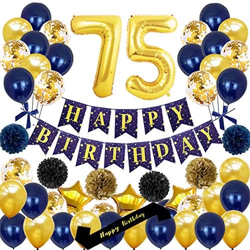 Јуџијасамо 75-Ти Роденденски Украси За Забави - Среќен Роденден Банер Златен Број 75-ТИ Балони Среќен Роденден Појас Латекс И Конфети
