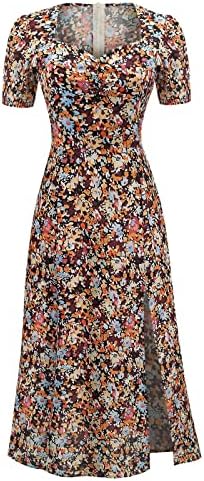 Womenенски моден ретро патент случајниот летен цветен принт краток ракав V-врат со средно-телесен дел од лабава замав фустан