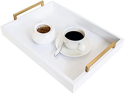 Круна Дома и живеење Отоманска послужавник за сервирање 16,5х12,25 - Табела за бела маса за кафе со четкани златни рачки, рачно изработени,