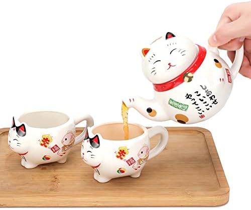 Јапонски среќен чај со мачки постави керамички манеки неко чајник, 2 чаши, чај сет, со инфузер од не'рѓосувачки челик во кутија
