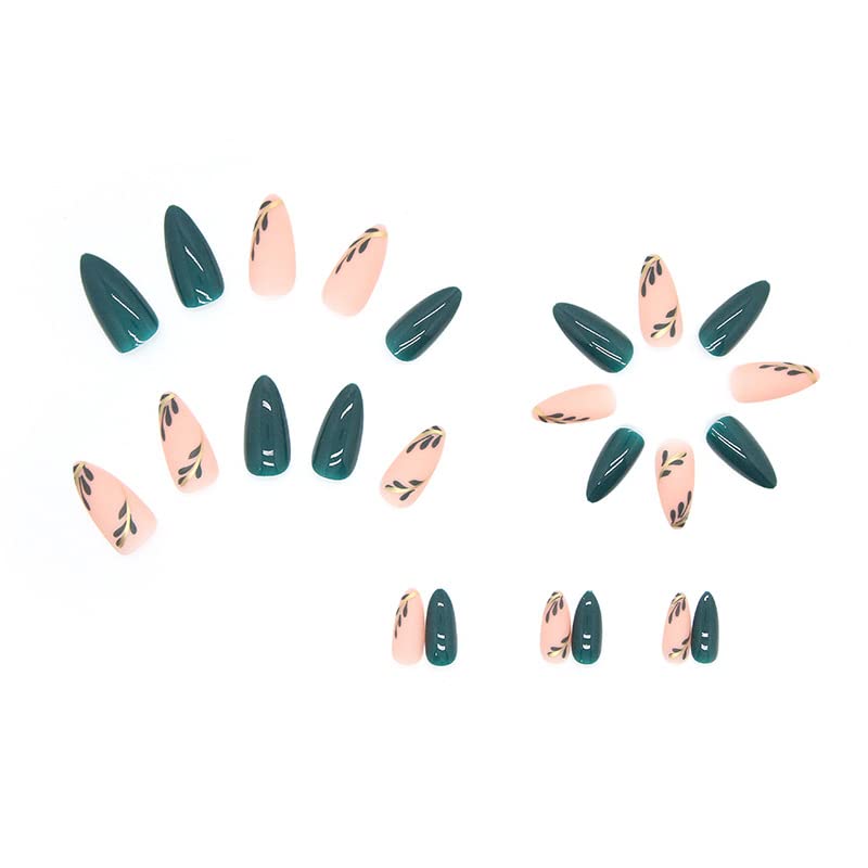 Зелен печат на ноктите бадеми кратки лажни нокти сјајни вештачки нокти со зелен лист дезин акрилик целосен покрив лажни нокти