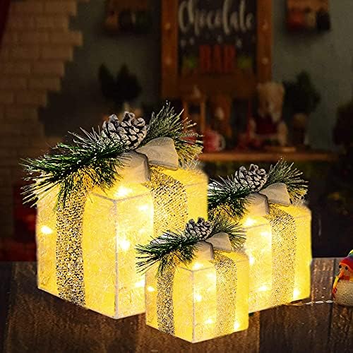 Horleey сет од 3 божиќни осветлени кутии за подароци, пред-осветлени 60 LED светлосни сегашни кутии украс на отворено топли