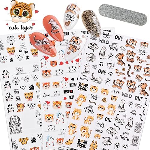 Налепници за нокти за жени со 1 датотека за нокти Симпатична тигарска уметност налепници за украси за украси за нокти, самолепливи