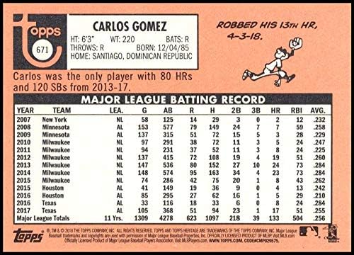 2018 Топс Херитиџ Висок број Бејзбол 671 Карлос Гомез Тампа Беј Рејс Официјална картичка за тргување со МЛБ