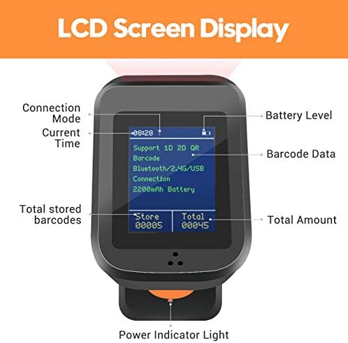 Symcode 2D QR Bluetooth баркод скенер со екран на екран со основна основа, 3 во 1 компатибилен со Bluetooth & 2.4GHz безжична и жична