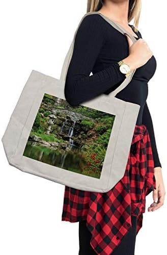 Јапонска торба за шопинг на Амбесон, каскаден водопад езерце под мост рефлексии на цвеќиња во шема на вода, еколошка торба за еднократно за