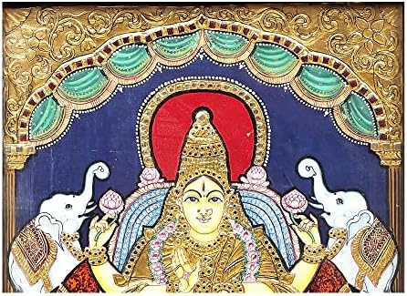 Егзотична Индија 17 x 21 Падмасана Гајалакшми Танјоре Сликање | Традиционални бои со 24к злато | Рамка од тиково дрво