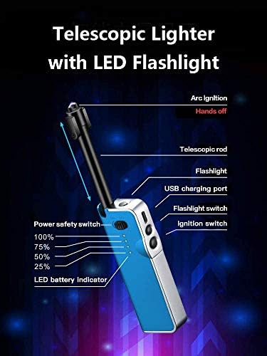 Електричен запалка, полесен за полнење со безбедносен прекинувач, USB свеќа запалка со фенерче и LED дисплеј за батерии, долга шипка