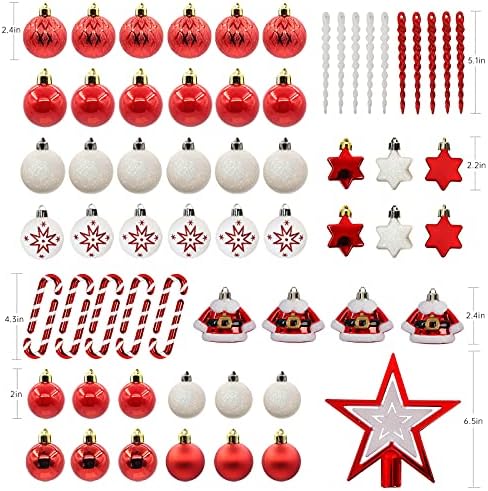 67 парчиња украси за новогодишни елки, црвено -бело распрскувани украси за Божиќни топка со елка за Божиќ за Божиќ, украси за забави за декор