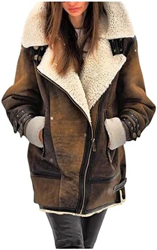 Женска пријатна патент на руно јакна есен зимска цврста боја шерпа јакна со долг ракав лапел буги палто јакна со џеб