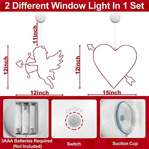 Турнир 2 пакет Ден на прозорецот за прозорец на вineубените, силуета украси 53 LED 12 cupid & 33 LED 15 срцеви стрели црвени светла со