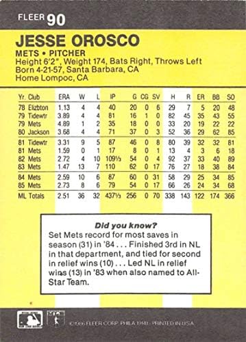 1986 Флеер Бејзбол 90 essеси Ороско Newујорк Метс Официјална трговска картичка MLB