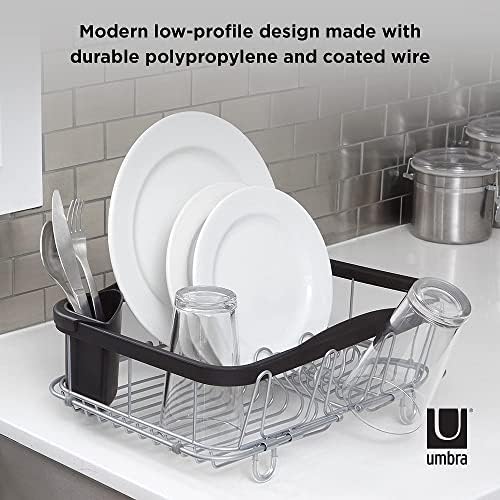 Умбра мијалник со повеќекратна решетка за сушење-кади за одводнување на садови со отстранлив држач за прибор за јадење се вклопува во мијалник