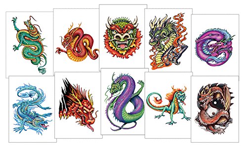 Змеј Мастило Привремени Тетоважи, 10 Фантастични Змеј тетоважи, 3.5 х 2.5 листови