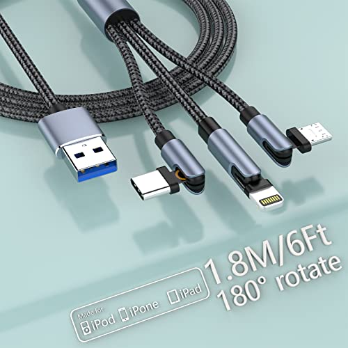 Multi 3 во 1 USB универзален кабел за полнење на iPhone 1,8M/6FT, 180 степени ротирајте USB до молња+тип C+микро USB најлон плетенка