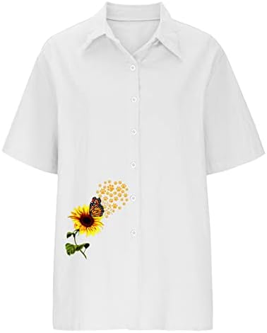 Кошули со памучни постелнина за жени лето копче надолу надолу со кошула со кратки ракави врвови сончогледни печати лапел тунични блузи