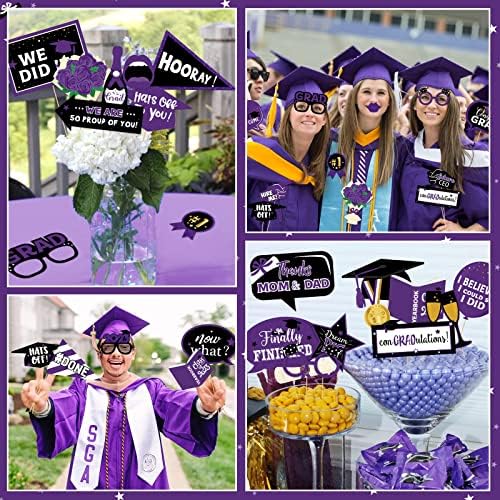 42 парчиња дипломирање Фото штанд реквизити 2023 Виолетова фото -реквизити Конграми Град Голем селфи Фотографија Декори со стапчиња