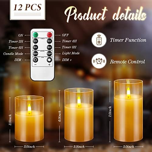12 пакувања треперење на запалени свеќи со далечински и тајмер батерија управувана со LED столбови, рефус златен стакло Вистински