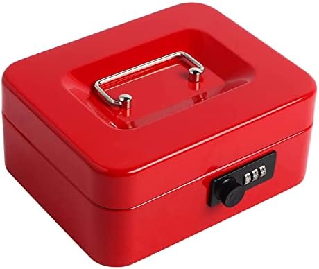 Кастан готовина кутија со комбинирано заклучување, метална парична кутија со послужавник за пари, 7,87 x 6,30 x 3,54 , мало црвено