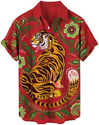 Тенок фит костуми за мажи лежерни машка машка лабава лапава кокос тигар печати краток ракав манжетни со копче за порт, цветен стил, цветни