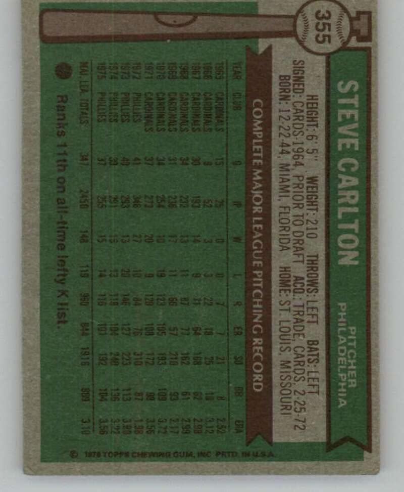 1976 Топпс 355 Стив Карлтон Филаделфија Филис МЛБ Бејзбол Трговска картичка