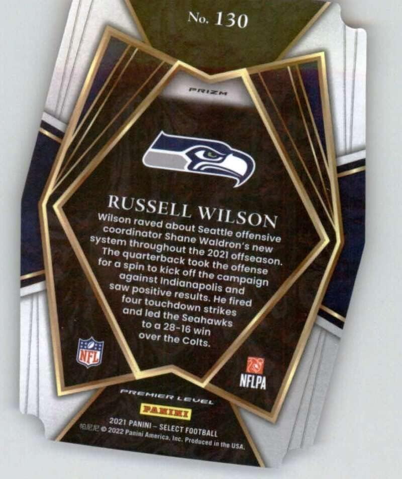 2021 Панини Изберете црвена и сина призма за умре 130 Расел Вилсон Премиер Ниво Сиетл Seahawks NFL Football Trading Card
