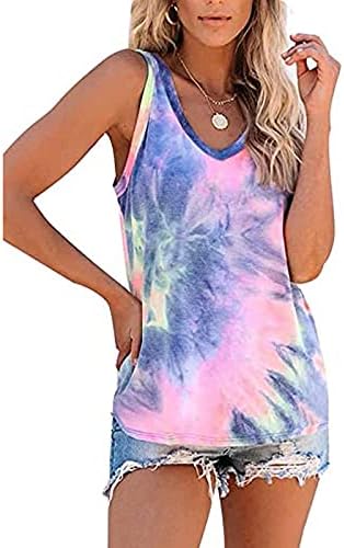 LCEPCY TIE резервоарот за боја, врвот на жените без ракави за јога тренинг маица симпатична печатена лабава вклопена летни врвови маици со